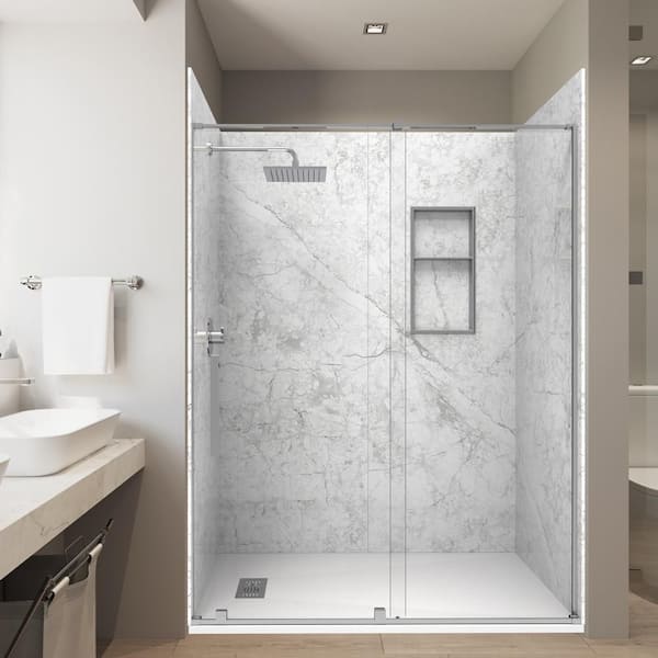 Botti Gray 36in.x 60in.x 84in.Solid Composite Stone Alcove Shower Combo Kit Matching Brushed Nickel Door,Niche and Drain