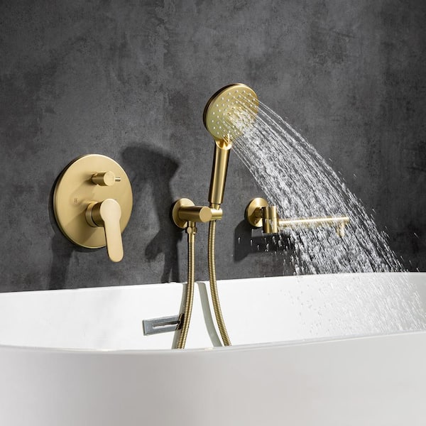 Round Single-Handle Wall Mount Roman Tub Faucet with Swivel Spout in Brushed Gold (Valve Included)