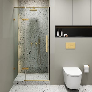 32 in. W x 74.25 in. H Hinged Frameless Shower Door in Satin Brass Finish with Tempered Glass