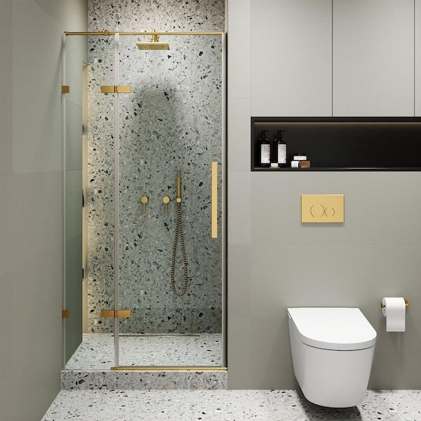 FINE FIXTURES 42 in. W x 74.25 in. H Hinged Frameless Shower Door in Satin Brass Finish with Tempered Glass