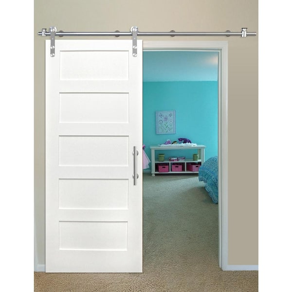 36 in. x 80 in. Shaker 5-Panel Primed Pine Interior Sliding Barn Door with Round Stainless Steel Hardware Kit