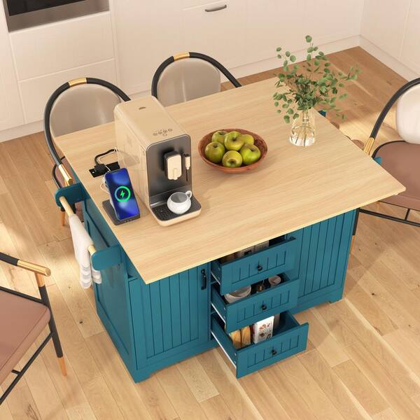 Ziyudura Rolling Green Drop Leaf Wood Top 56 in. Kitchen Island