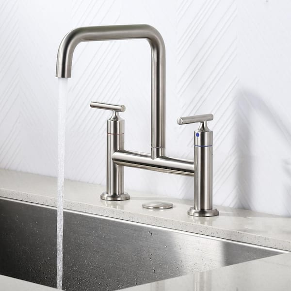 Double Handle Bridge Faucet with Kitchen Sink Hole Cover in Brushed Nickel