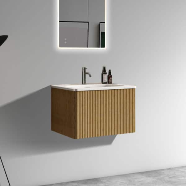 Etna306 24 in. W x 18.30 in. D x 15.6 in. H Single Sink Floating Bath Vanity in Oak with White Solid Surfer Top