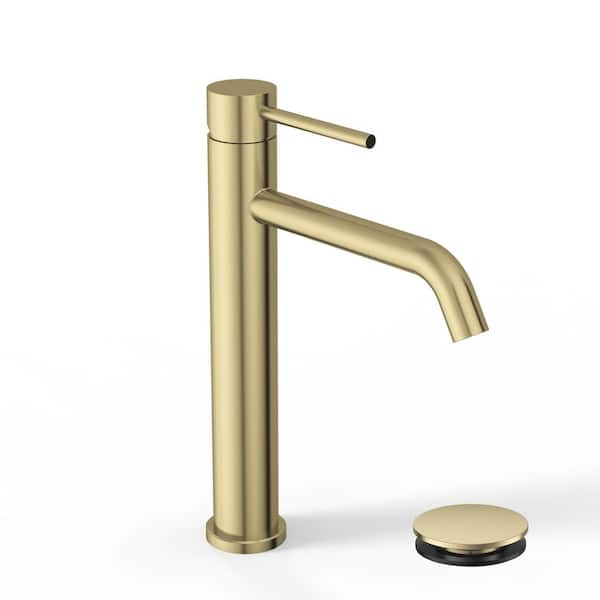 Single Handle High Arc Vessel Sink Bathroom Faucet with Pop-Up Drain and Spot Resistant in Brushed Gold
