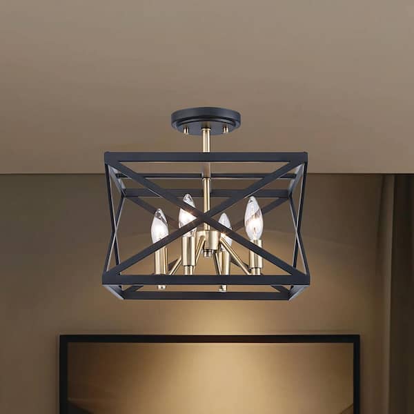13 in. 4-Light Black and Gold Semi-Flush Mount Ceiling Light with Caged Metal Shade
