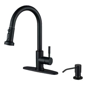 Henassor Single Handle Pull-Down Sprayer Kitchen Faucet with Advanced Spray and Soap Dispenser in Matte Black
