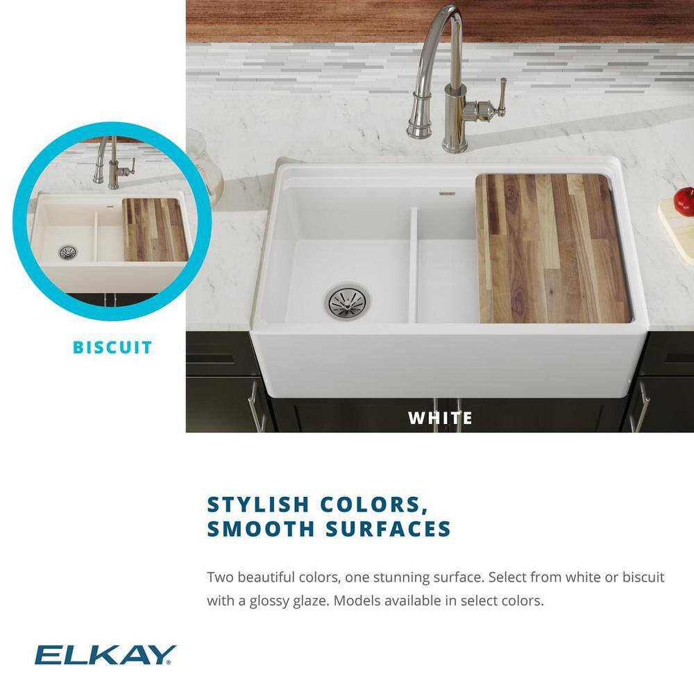 33" White Fireclay Double Bowl Farmhouse Kitchen Sink