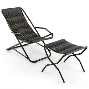 Armrest Footrests Rocking Metal Outdoor Lounge Chair in Grey Set of 2 Patio Folding Rattan Sling Lounge Chair Ottoman