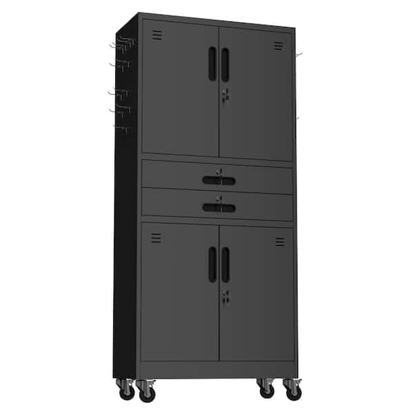 71" Black Metal Rolling Storage Cabinet 2 Drawers Tool Garage Cabinet with Locking Doors, 2 Adjustable Shelves, 8 Hooks