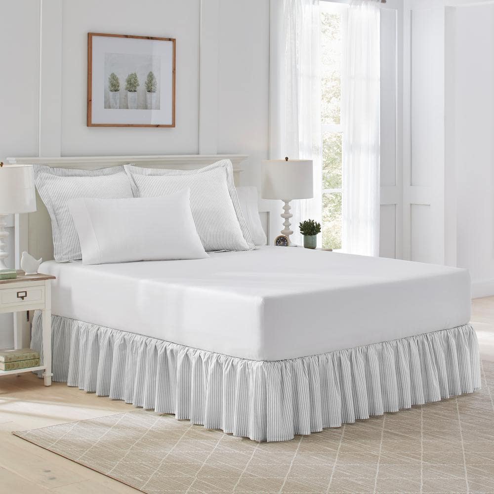 Full Gray Cotton Ruffled Bed Skirt with Stripes