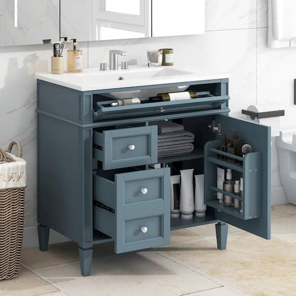 Tenleaf 30 in. W Single Sink Bath Vanity in Blue with White Ceramic Top, Storage Cabinet with 2 Drawers and a Tip-Out Drawer
