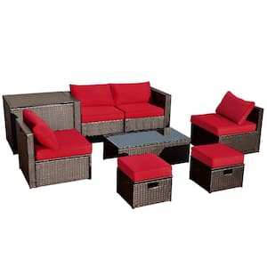 8-Pieces Wicker Patio Sectional Seating Set Rattan Furniture Set with Red Cushions, Storage Box and Waterproof Cover