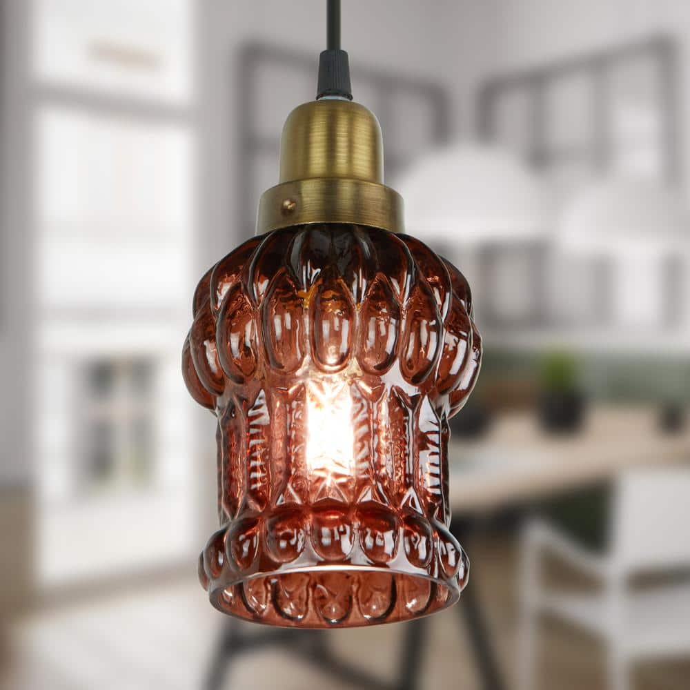 Brown Textured Glass and Gold Metal Pendant Light