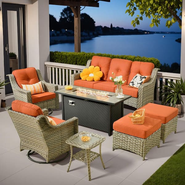 HOOOWOOO Cherry 7-Piece Wicker Outdoor Furniture Patio Fire Pit Conversation Sofa Set with Swivel Chairs and Red Cushions