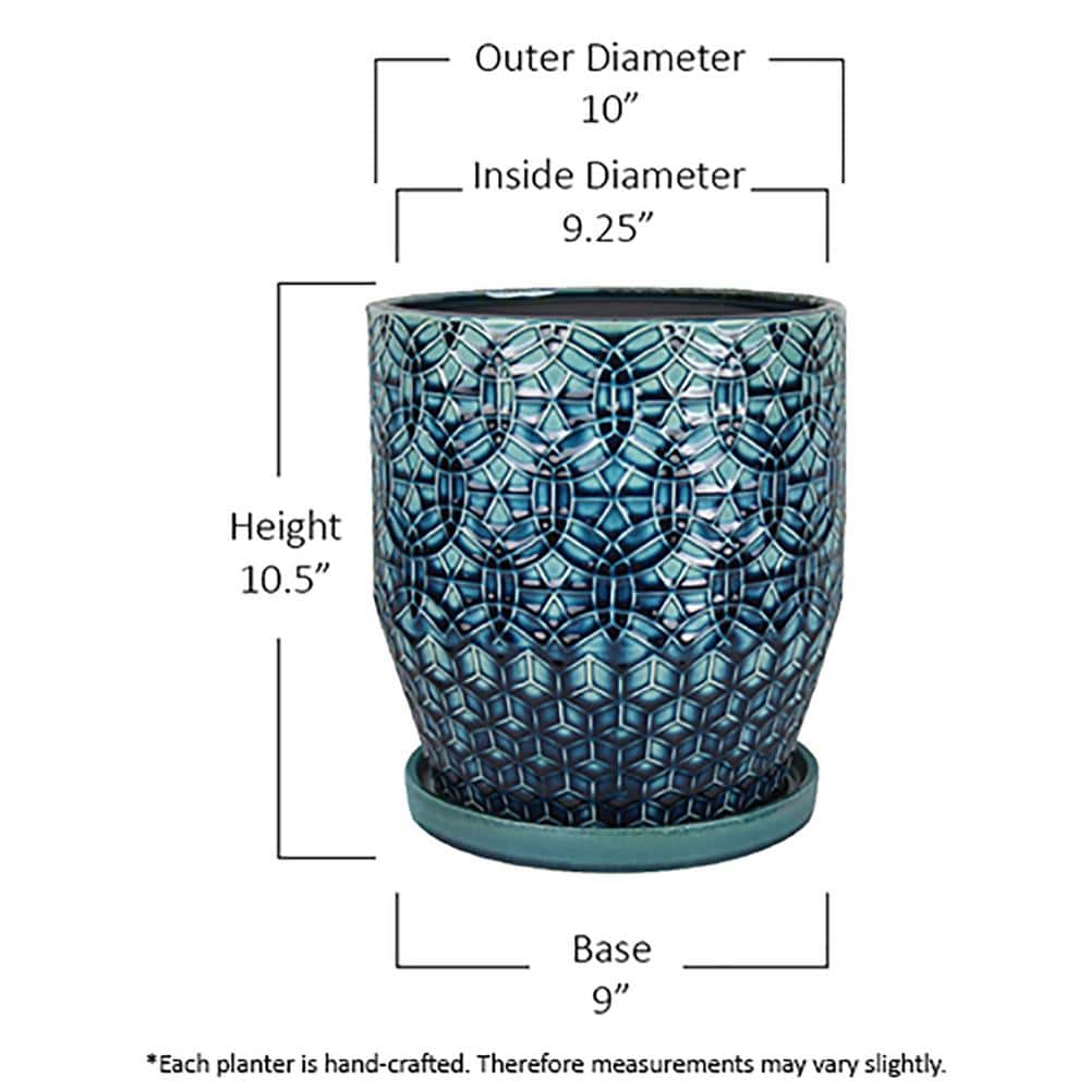 Rivage 10" Round Blue Glazed Ceramic Indoor Planter with Drainage