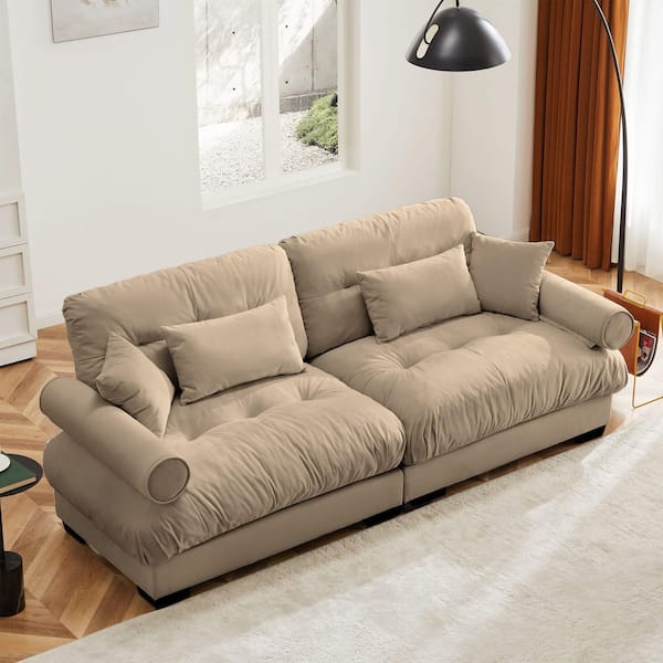 Dalton 93.7 in. Velvet Upholstered Rectangle Sectional Sofa in. Brown+Camel with Blostered Armrests, Pillows