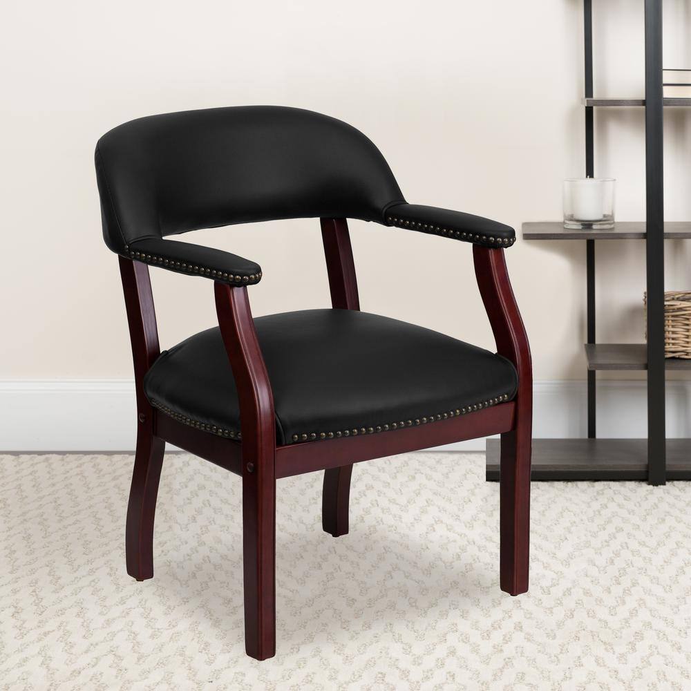 Elegant Black Vinyl and Wood Office Chair with Brass Nail Trim