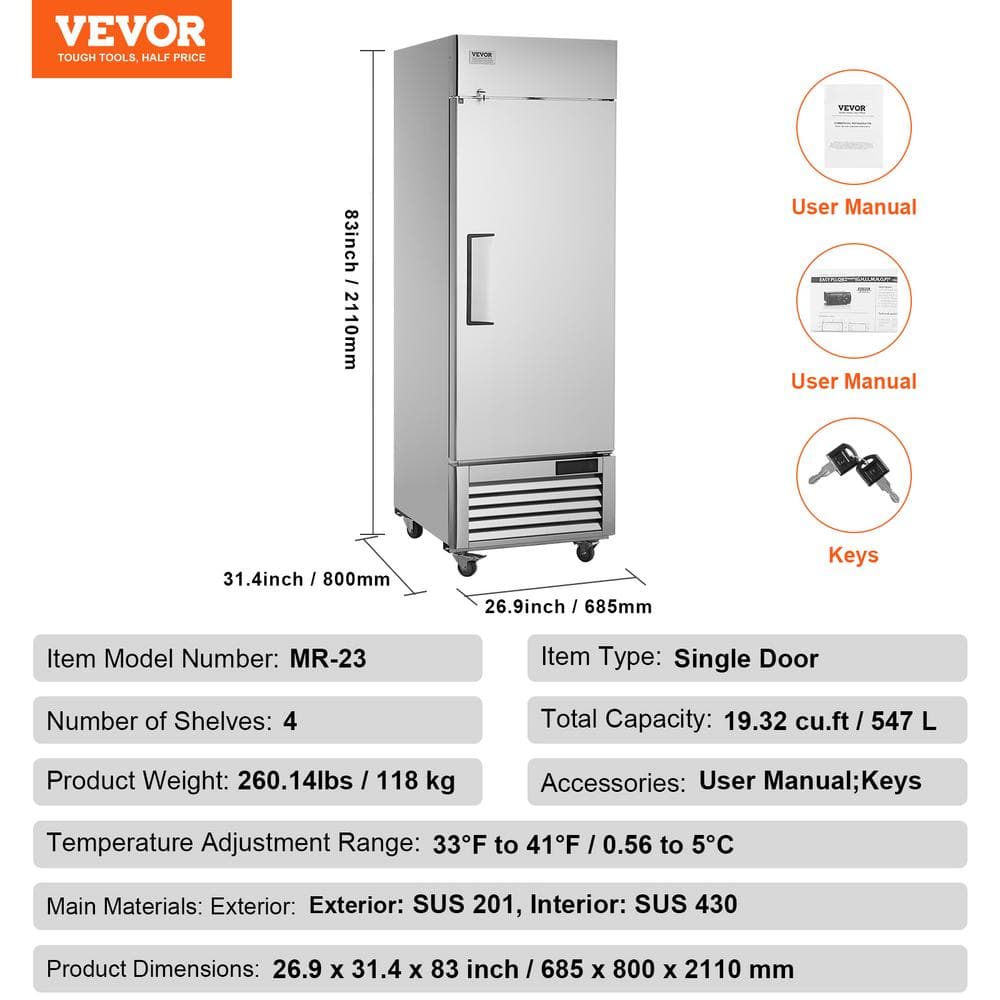 Stainless Steel 19.32 Cu.ft. Single Door Commercial Refrigerator