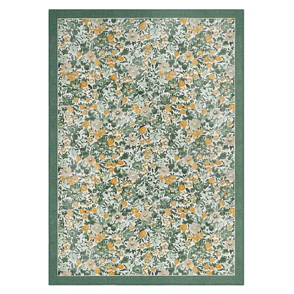 Loveston Floral Chenille Green 5 ft. x 7 ft. Polyester Runner Rug