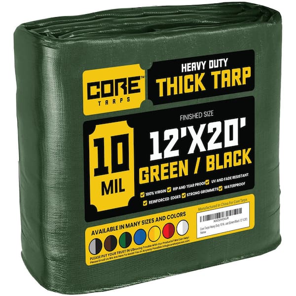 CORE TARPS 12 ft. x 20 ft. Green/Black 10 Mil Heavy Duty Polyethylene Tarp, Waterproof, UV Resistant, Rip and Tear Proof