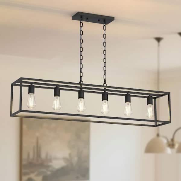 YANSUN 6-Light Matte Black Farmhouse Kitchen Island Lighting, Modern Rectangular Chandeliers for Dining room Foyer