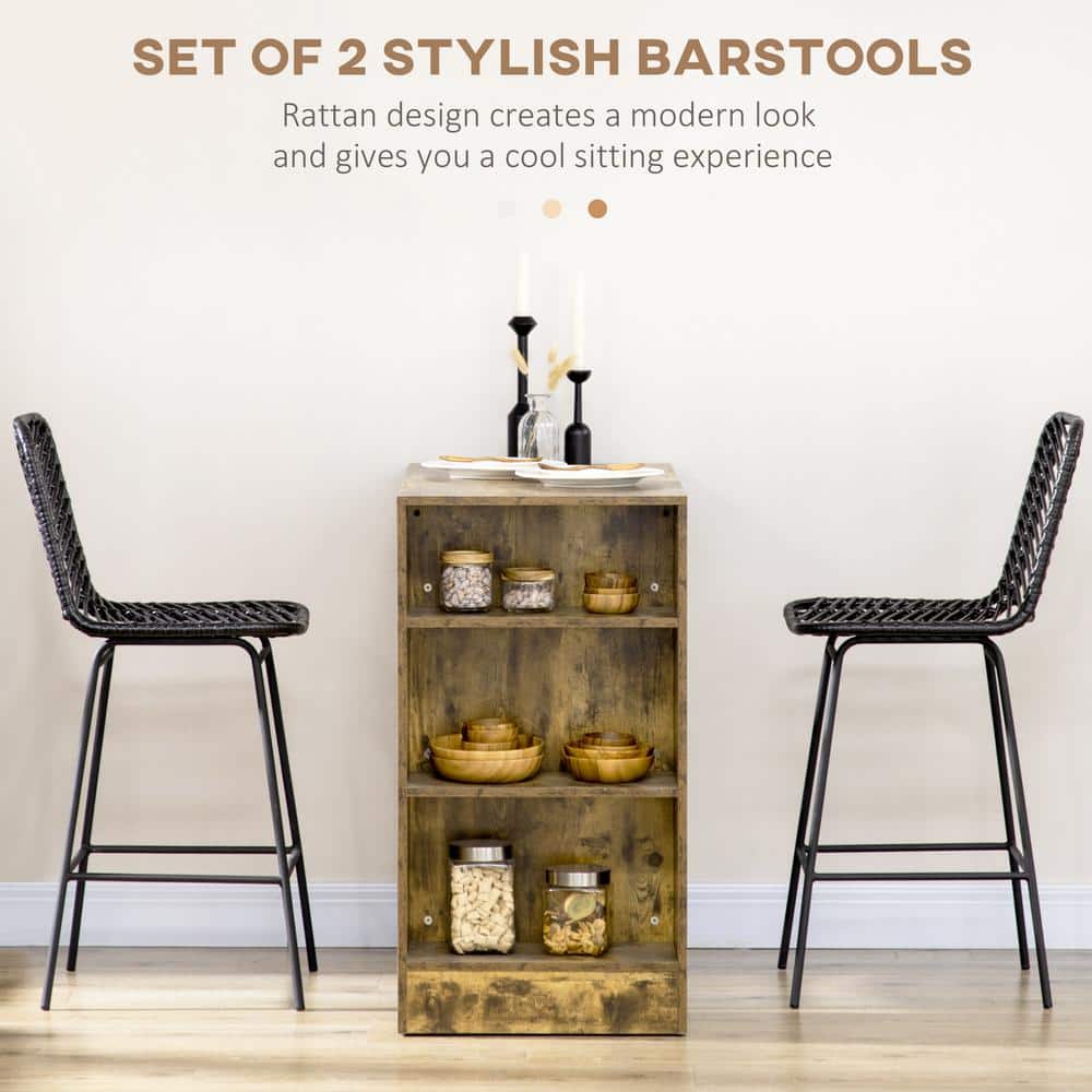 Black Metal and Rattan Counter Height Bar Stools Set of 2