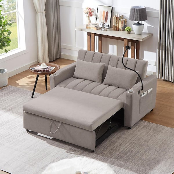 55.9 in. Light Gray Bella Fabric Twin Size Sofa Bed Convertible Loveseat Sofa with USB Ports, Cup Holders, Phone Holder