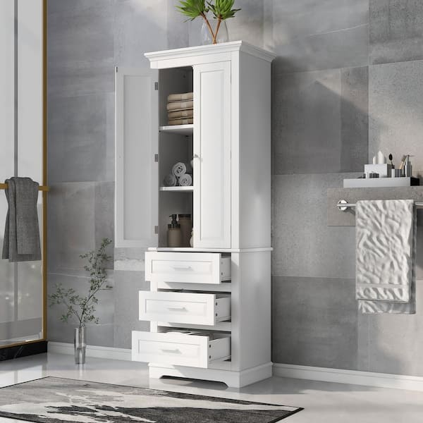 24 in. W x 12 in. D x 32 in. H White Bathroom Linen Cabinet Freestanding Storage Cabinet with 3 Drawers 1 Door