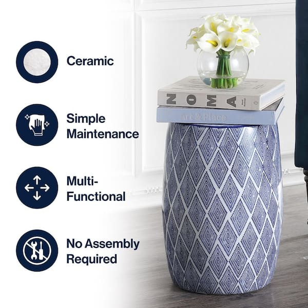 JONATHAN Y Moroccan Diamonds 18 in. Blue/White Ceramic Drum Garden