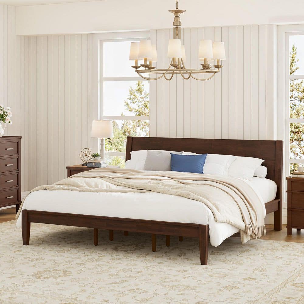 ウッドプラットフォーム　キングサイズ OKD Farmhouse King Bed Frame, Wood Platform Bed with Bookcase