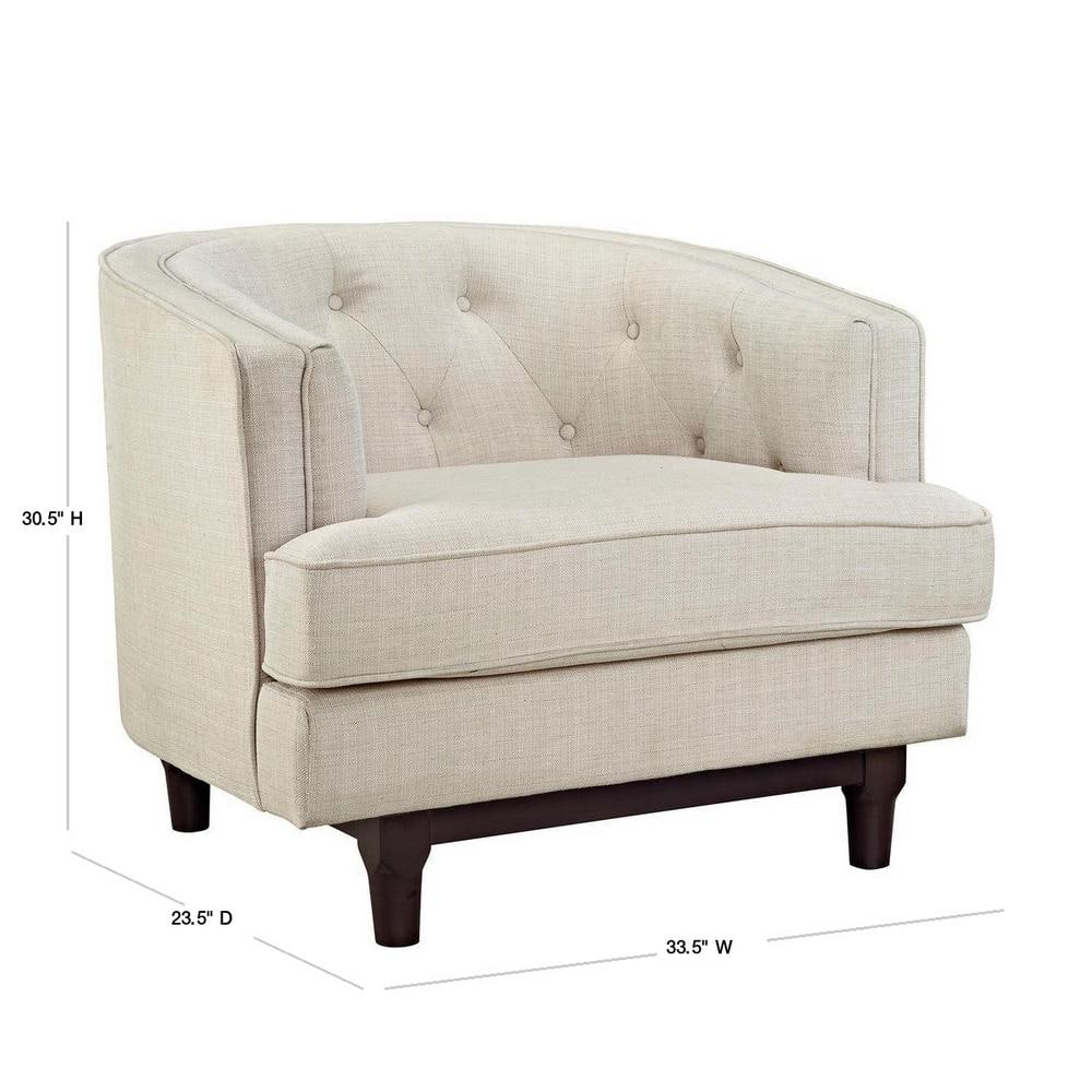 Coastal Elegance Beige Polyester Barrel Armchair with Walnut Wood Base