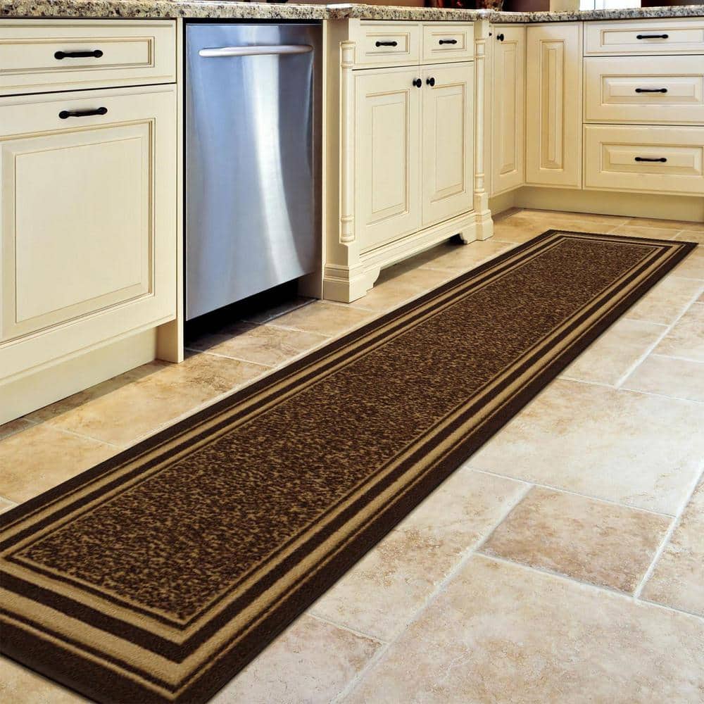Brown and Beige Bordered Runner Rug with Non-Slip Backing