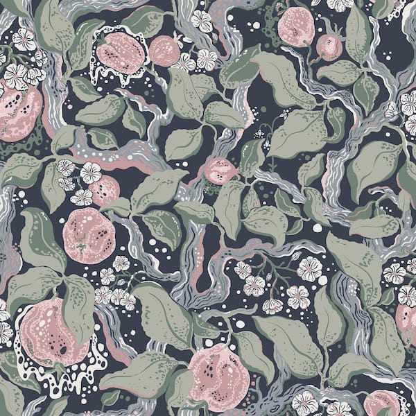 A-Street Prints Kort Dark Blue Fruit and Floral Wallpaper Sample