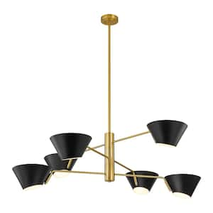 Ally 6-Light Black with Gold Mid Century Linear Sputnik Tiered Chandelier with Black Cone Shades