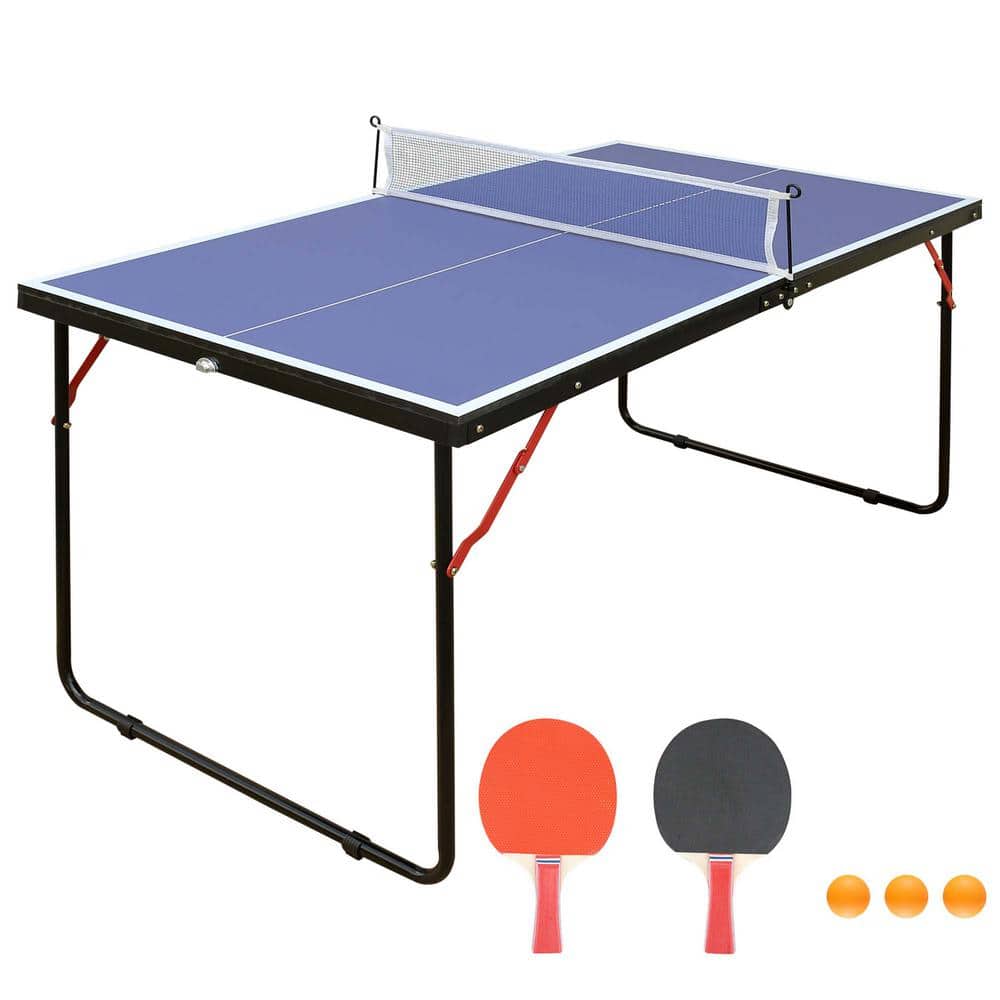 8ft Black Mid-Size Table Tennis Table Foldable & Portable Ping Pong Table Set for Indoor Games with Net, 2 Table Tennis Paddles and 3 Balls