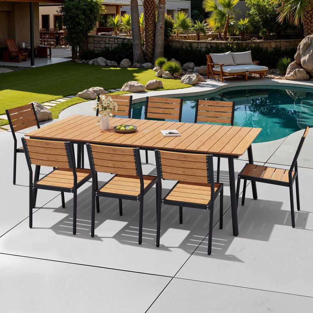 9PCS Plastic Wood Board Aluminum Frame Outdoor Patio Dining Set 82.48 in. Table with 8 Dining Chairs in Brown For Porch price history on PriceWatchPro