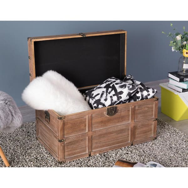 Traditional Style Navy Blue Storage Trunk Chairside Table With 2 Drawers  And Leather Trim