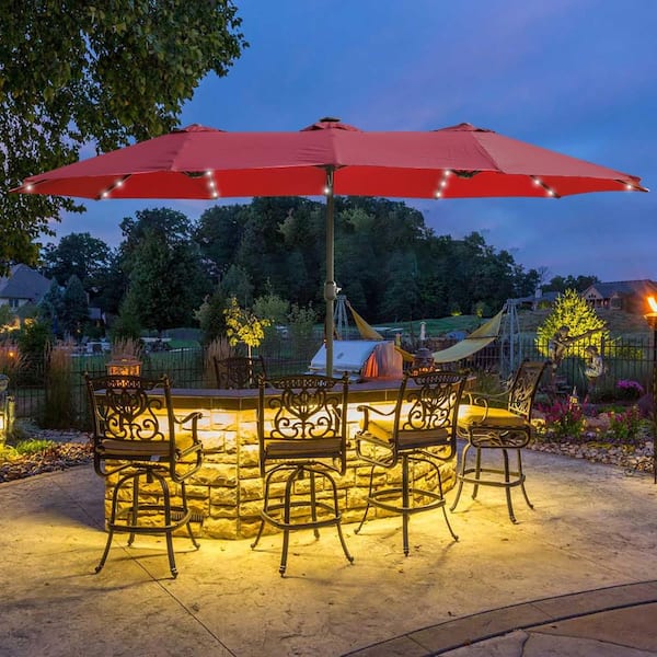 Renderella 15 ft. x 9 ft. Metal Framed Market Solar Tilt 2-Sided Patio Umbrella with Lights, Base & Fabric Red Canopy