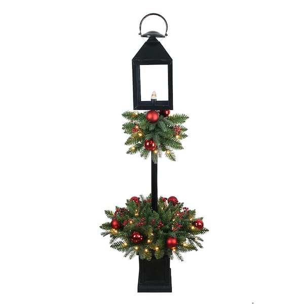 4 ft Spruce Potted Pre-Lit LED Artificial Tree Lantern with 50 Warm White  LED Lights, Shatterproof Ornaments and Berries