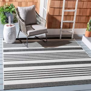 Beach House Light Gray/Charcoal 4 ft. x 4 ft. Striped Indoor/Outdoor Patio  Square Area Rug
