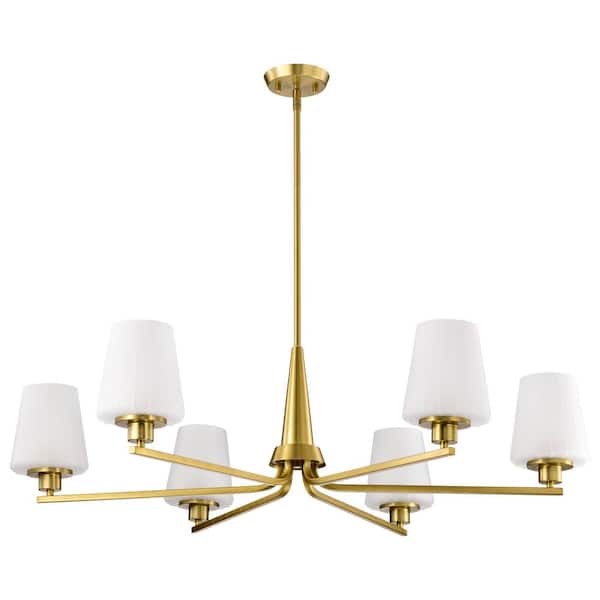 Lune 6-Light Vintage Brass Traditional Chandelier with Etched White Glass Shades