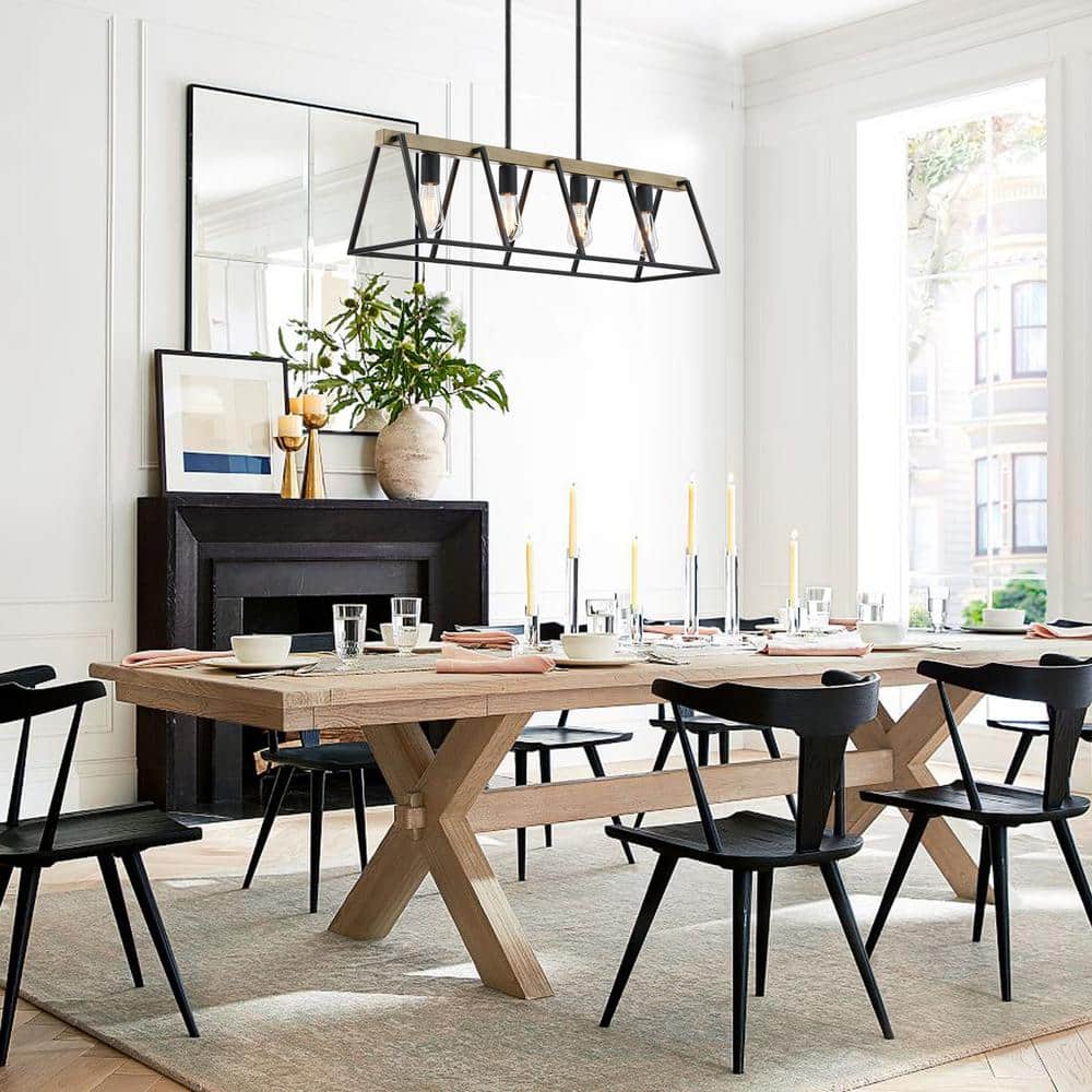 32" Matte Black and Light Brown Metal Lantern Pendant Chandelier