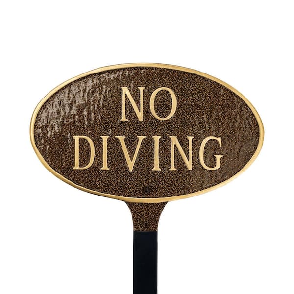Montague Metal Products No Diving Small Oval Statement Plaque with Lawn Stake - Hammered Bronze