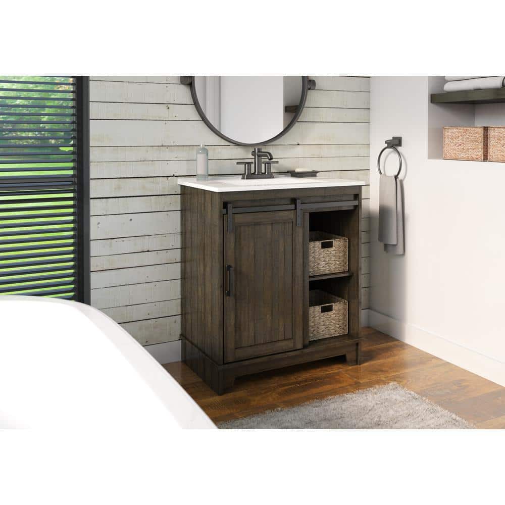 Antique Brown Cherry 30" Farmhouse Sliding Barn Door Bathroom Vanity