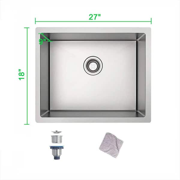 27 x 18 in. Undermount Single Bowl 18 Gauge Gloss Black Stainless Steel Kitchen Sink with Strainer and Towel