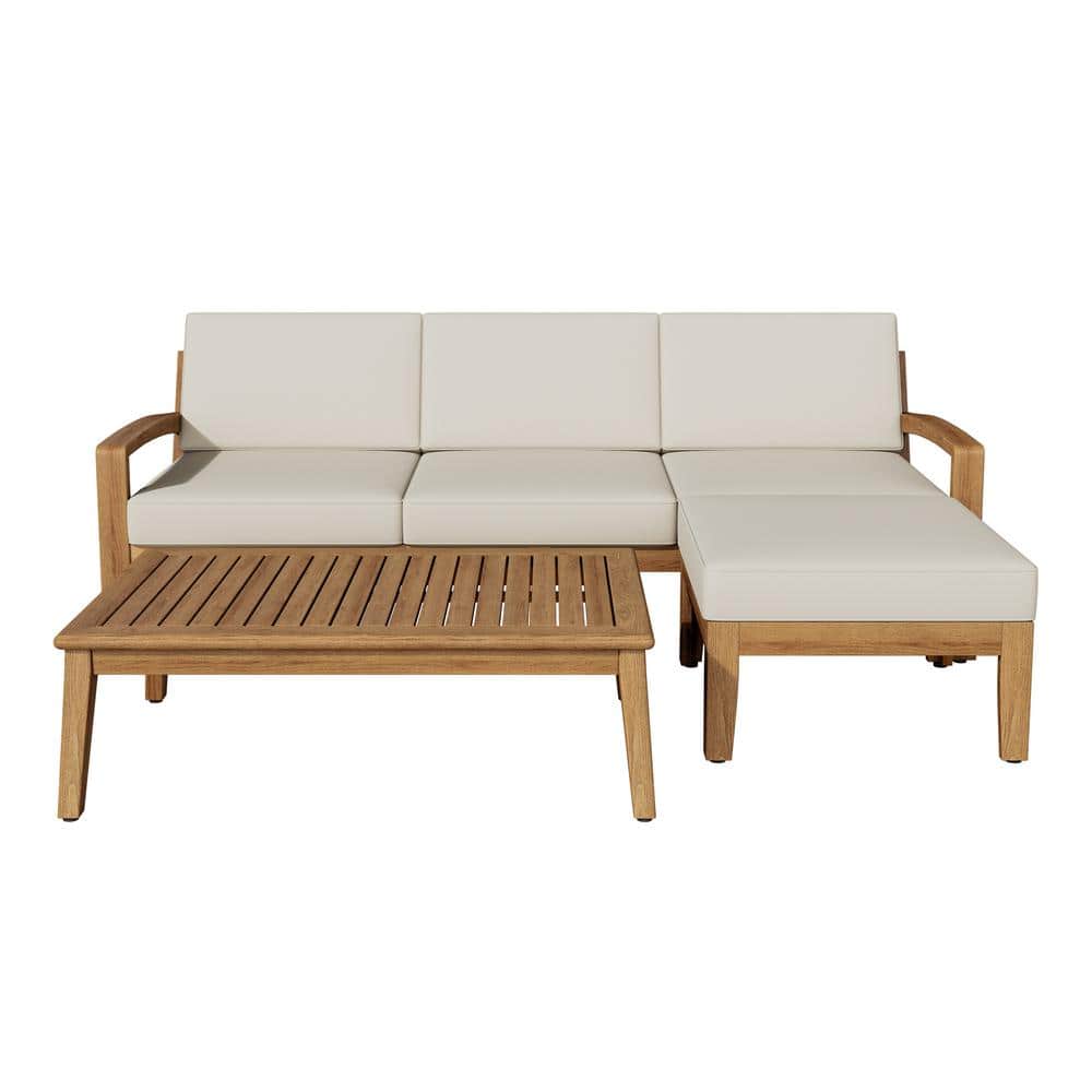 L-Shaped Wood Outdoor Sofa Set, Acacia Sectional Patio Sofa with Beige Cush