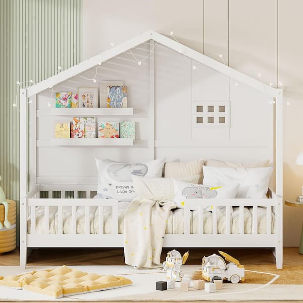 White Wood Frame Twin Size Platform Bed with Shelves,Window and Sparkling Light Strip