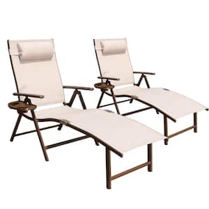 Aluminum Outdoor Folding Chaise Lounge Chair, Adjustable Camping Reclining Chair with Pillow and Cup Holder (2-Pack)