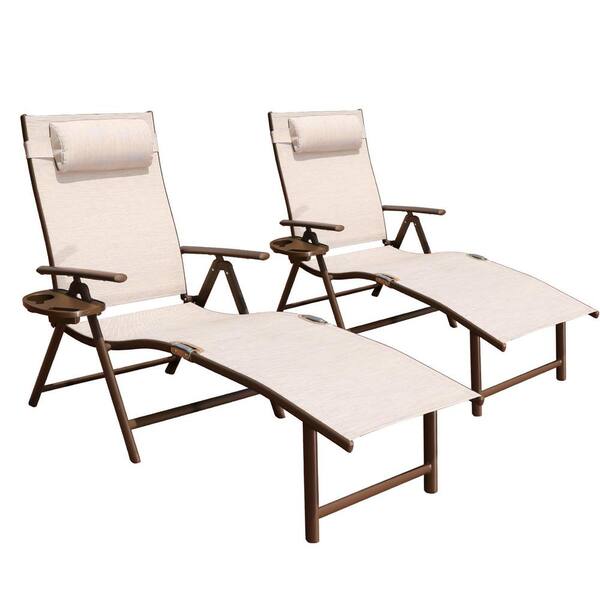 Wildaven Aluminum Outdoor Folding Chaise Lounge Chair, Adjustable Camping Reclining Chair with Pillow and Cup Holder (2-Pack)